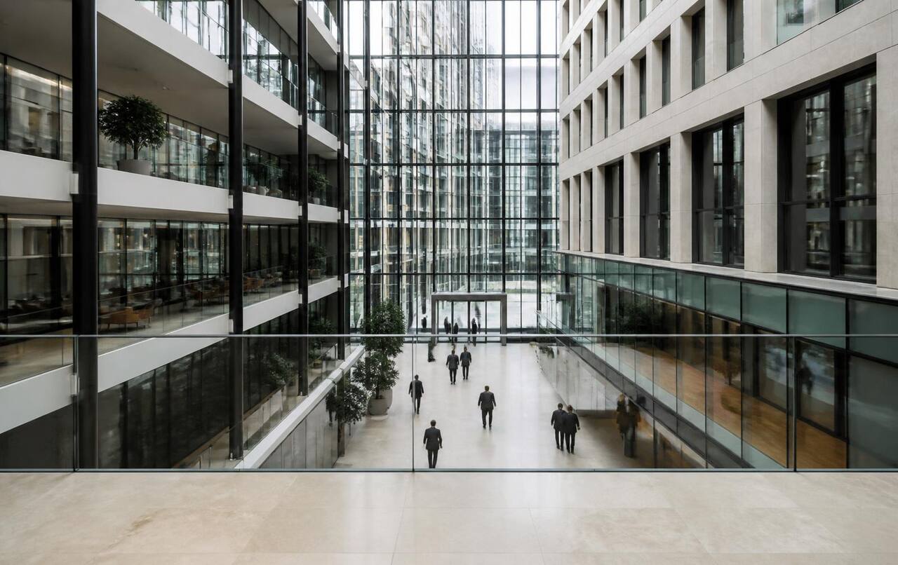 Daylit stone and glass office atrium seen from a mezzanine walkway