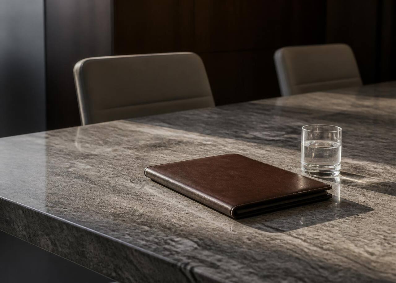 Corner of a stone meeting table with a closed leather folio in low daylight