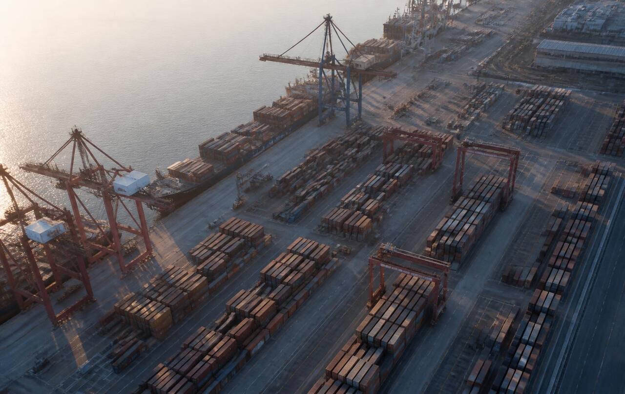 Container terminal and gantry cranes photographed from above at first light