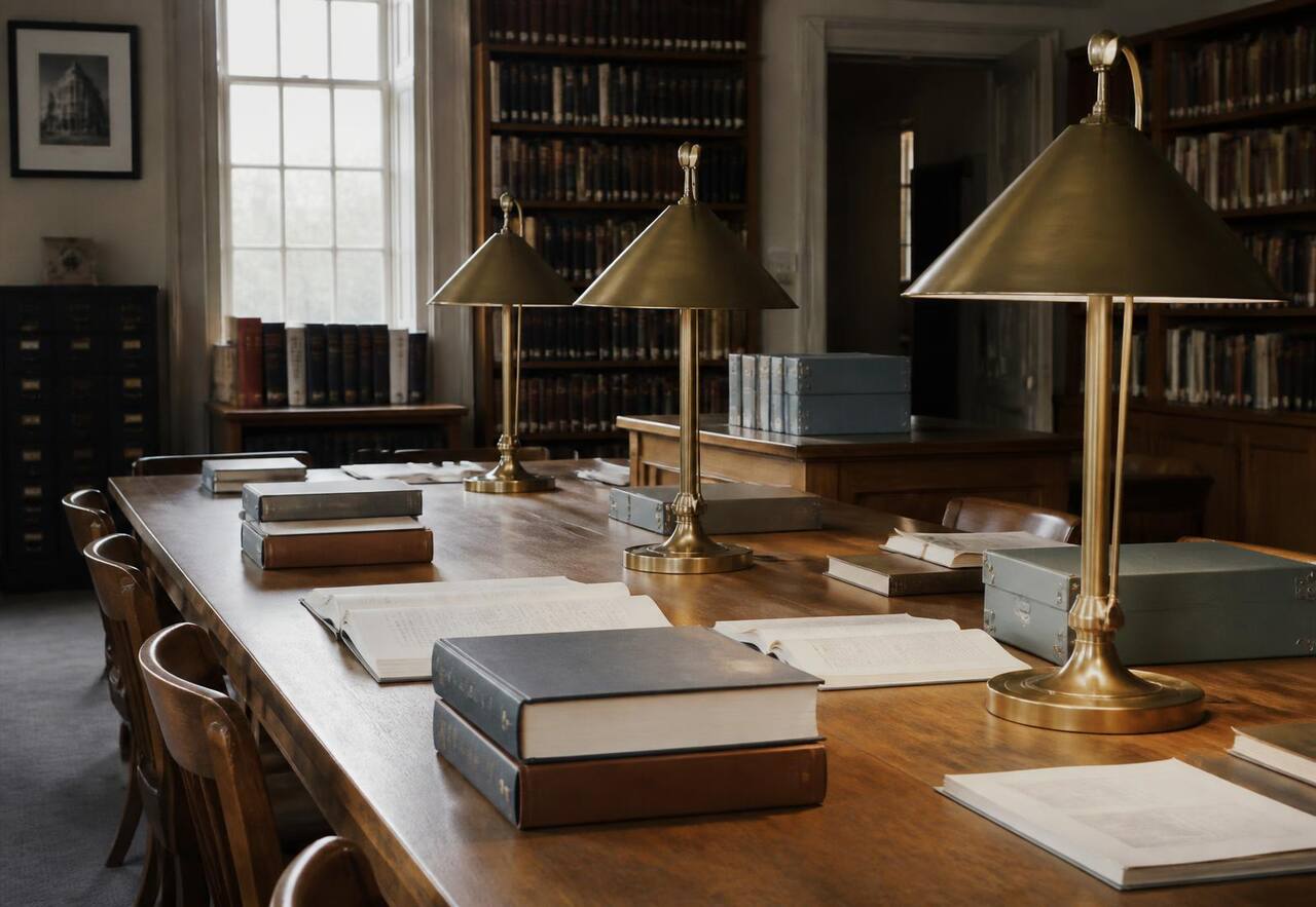Reading room with a long oak table, brass lamps and bound reference volumes